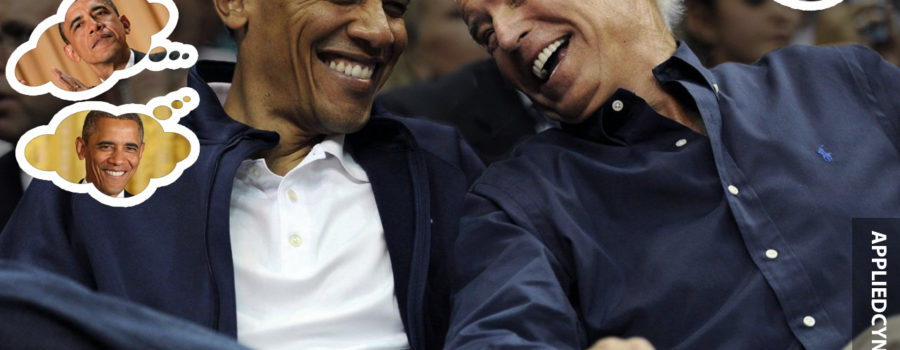 Biden sitting next to Obama touching his foot