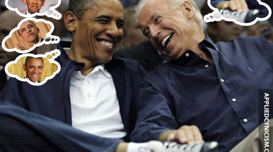 Biden sitting next to Obama touching his foot
