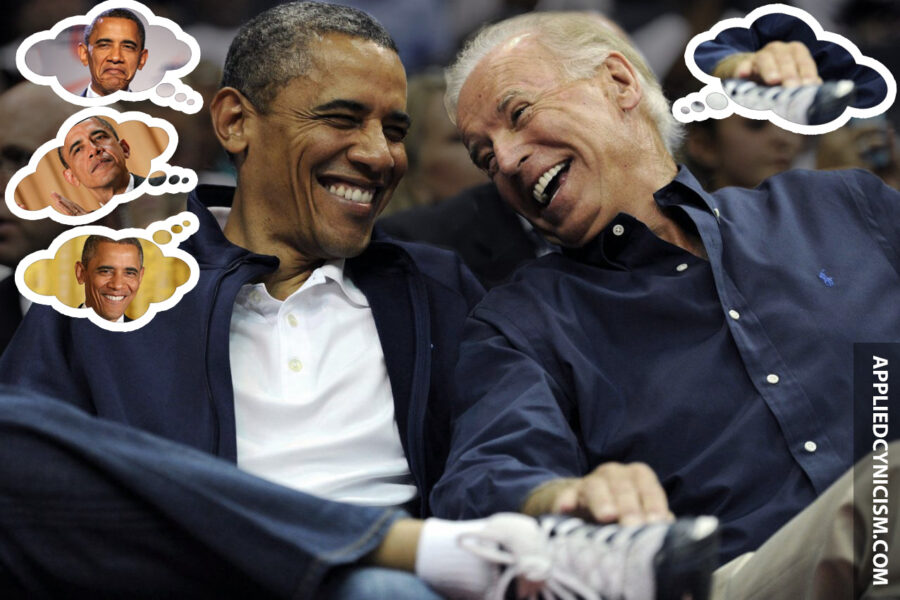 Biden sitting next to Obama touching his foot