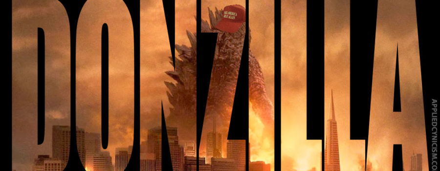 Donald Trump as Godzilla destroying a city.